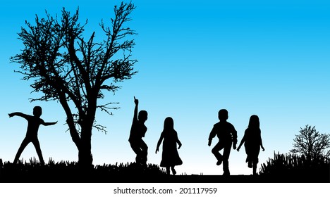 Vector silhouette of children in nature along the beautiful days.