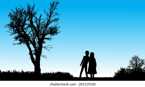 Vector silhouette of children in nature along the beautiful days.