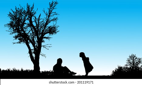 Vector silhouette of children in nature along the beautiful days.