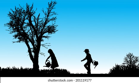 Vector silhouette of children in nature along the beautiful days.