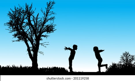 Vector silhouette of children in nature along the beautiful days.
