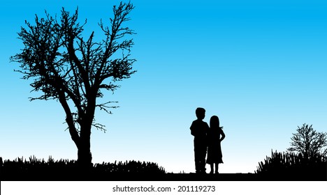 Vector silhouette of children in nature along the beautiful days.