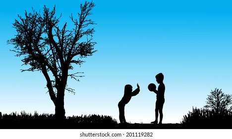 Vector silhouette of children in nature along the beautiful days.