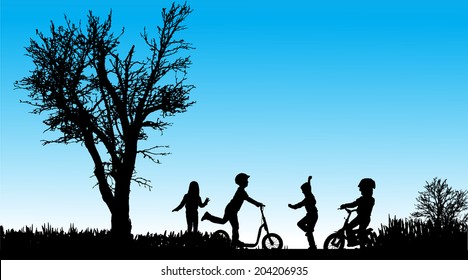 Vector silhouette of children in nature along the beautiful days.