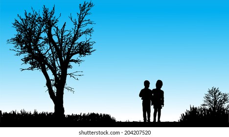 Vector silhouette of children in nature along the beautiful days.