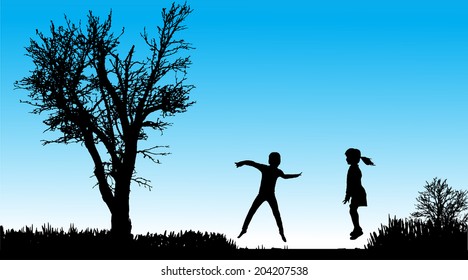 Vector silhouette of children in nature along the beautiful days.