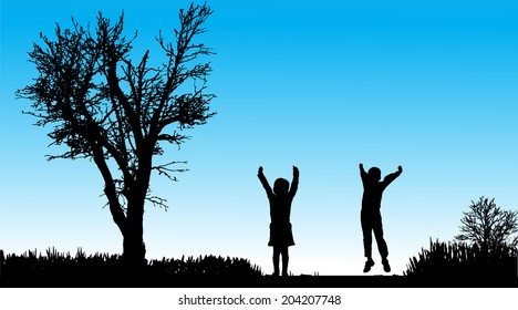 Vector silhouette of children in nature along the beautiful days.