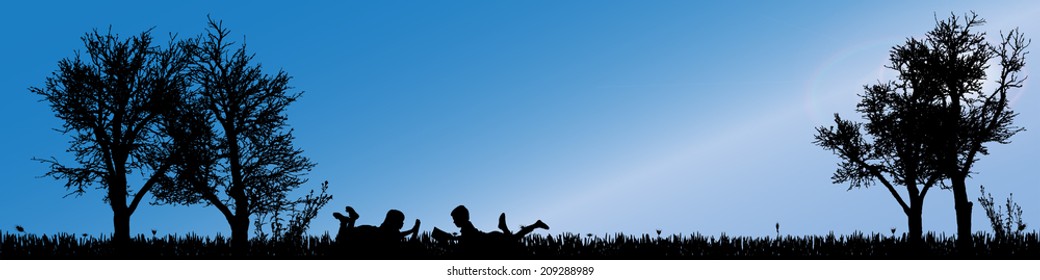 Vector silhouette of children in nature along the beautiful days.