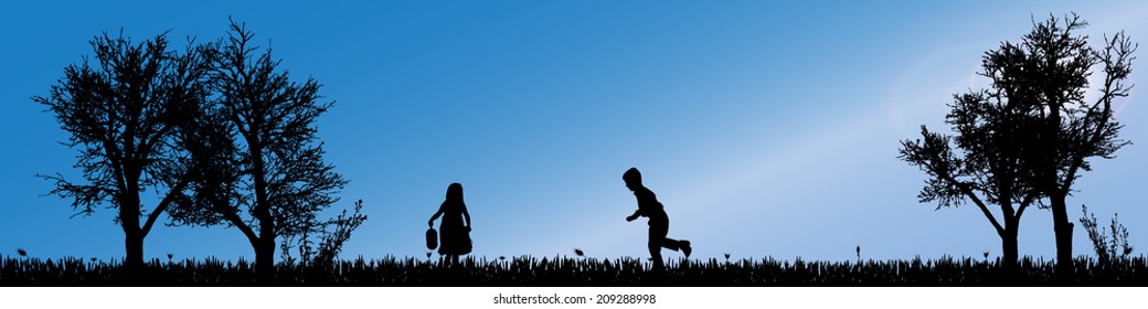 Vector silhouette of children in nature along the beautiful days.
