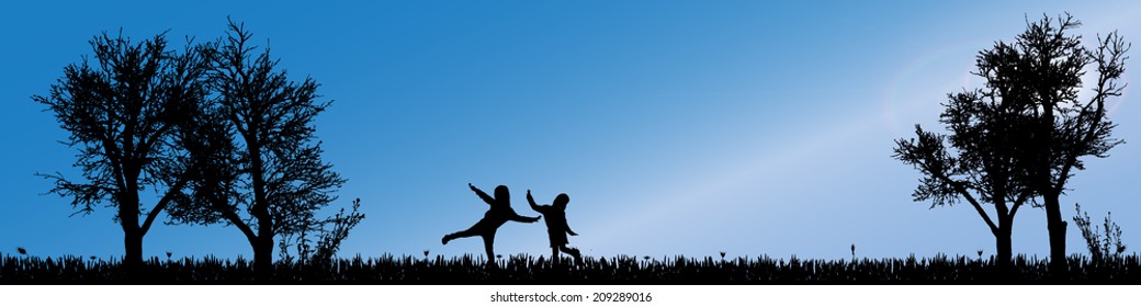 Vector silhouette of children in nature along the beautiful days.