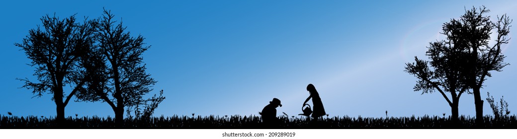 Vector silhouette of children in nature along the beautiful days.