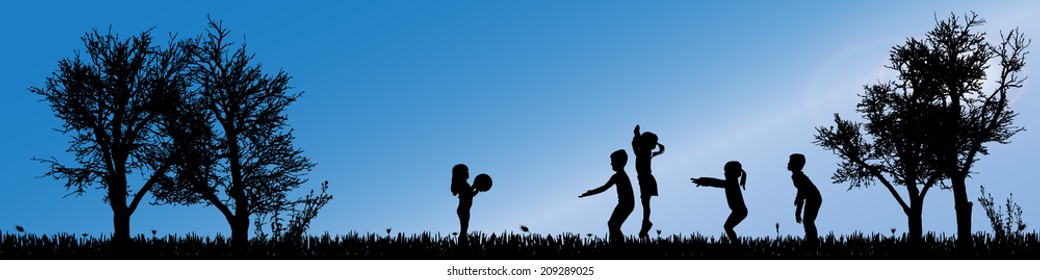 Vector silhouette of children in nature along the beautiful days.