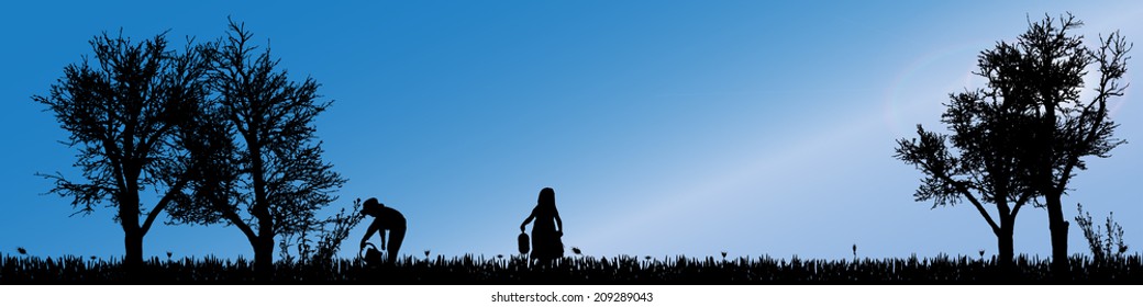 Vector silhouette of children in nature along the beautiful days.