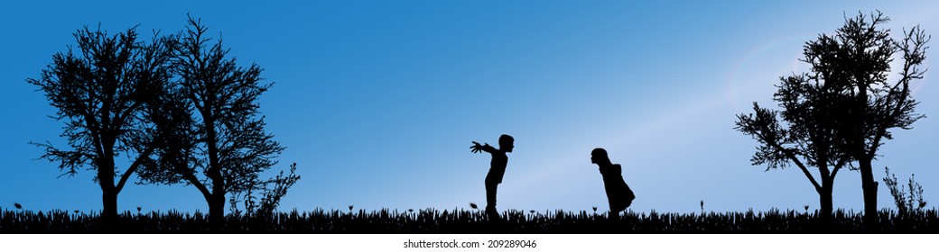 Vector silhouette of children in nature along the beautiful days.