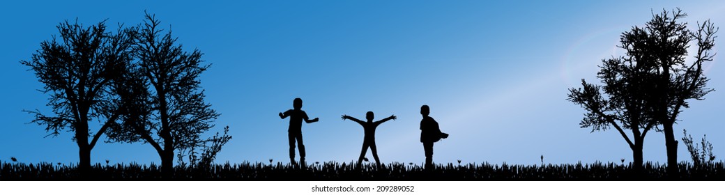 Vector silhouette of children in nature along the beautiful days.