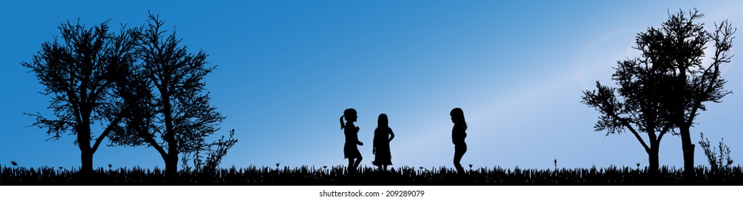 Vector silhouette of children in nature along the beautiful days.