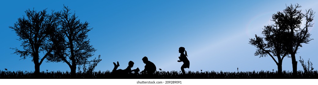 Vector silhouette of children in nature along the beautiful days.