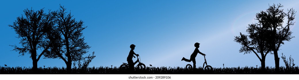 Vector silhouette of children in nature along the beautiful days.