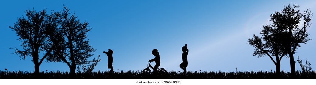 Vector silhouette of children in nature along the beautiful days.