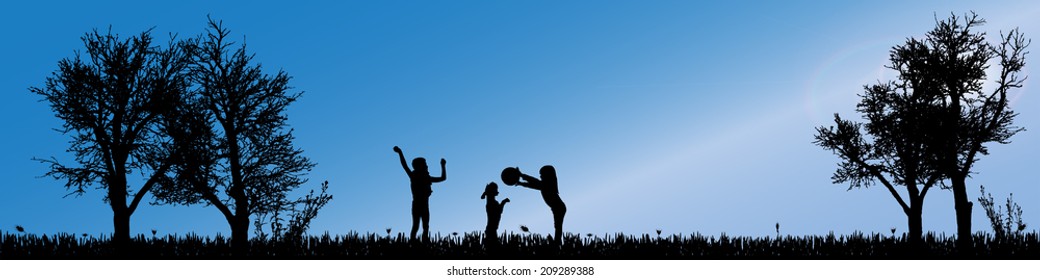 Vector silhouette of children in nature along the beautiful days.