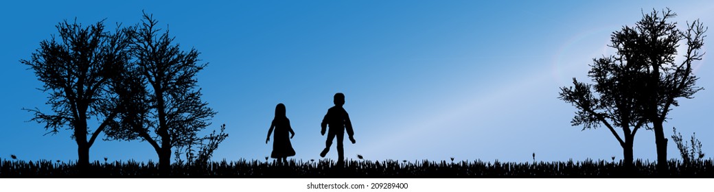 Vector silhouette of children in nature along the beautiful days.