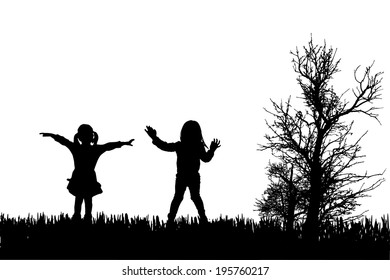 Vector silhouette of children in nature on white background.