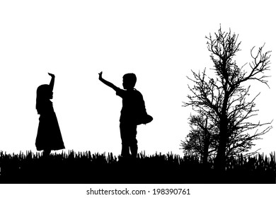 Vector silhouette of children in nature on white background.