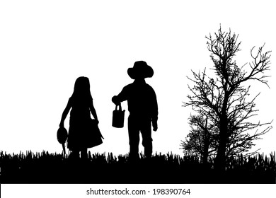 Vector silhouette of children in nature on white background.