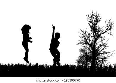Vector silhouette of children in nature on white background.