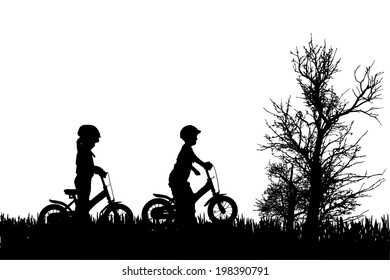 Vector silhouette of children in nature on white background.