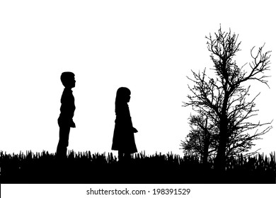 Vector silhouette of children in nature on white background.