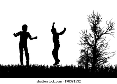 Vector silhouette of children in nature on white background.