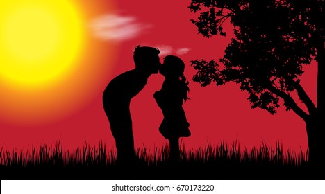 Vector silhouette of children in nature at sunset.