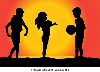 Vector silhouette of children on a beach at sunset.