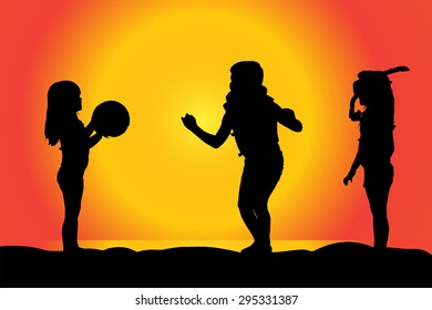 Vector silhouette of children on a beach at sunset.