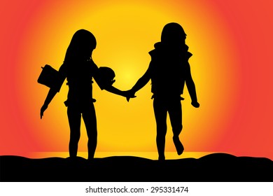 Vector silhouette of children on a beach at sunset.