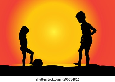 Vector silhouette of children on a beach at sunset.