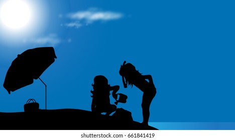 Vector silhouette of children on the beach at sunny day.