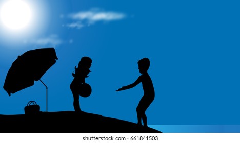 Vector silhouette of children on the beach at sunny day.