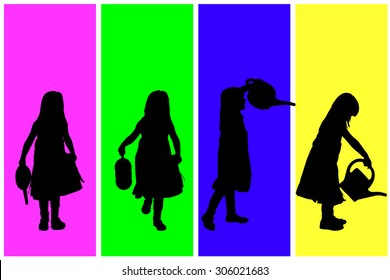 Vector silhouette of children on a colored background.
