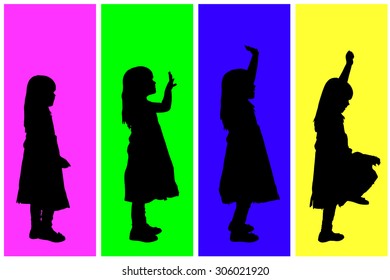 Vector silhouette of children on a colored background.