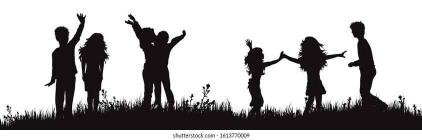 Vector silhouette of children on the garden on white background. Symbol of boys and girl in the school play together on the grass.