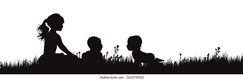 Vector silhouette of children on the garden on white background. Symbol of siblings play in the garden.