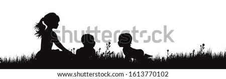 Vector silhouette of children on the garden on white background. Symbol of siblings play in the garden.