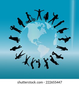 Vector silhouette of children on the planet.
