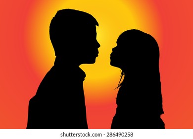 Vector silhouette of children on sunset background.