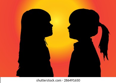 Vector silhouette of children on sunset background.