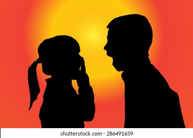 Vector silhouette of children on sunset background.
