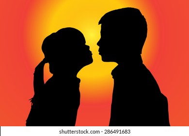 Vector silhouette of children on sunset background.