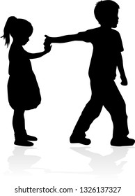 Vector silhouette of children on white background.